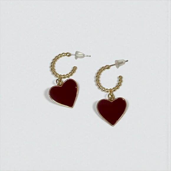 Chic Gold & Burgundy Heart Hoop Earrings - Picture 3 of 5